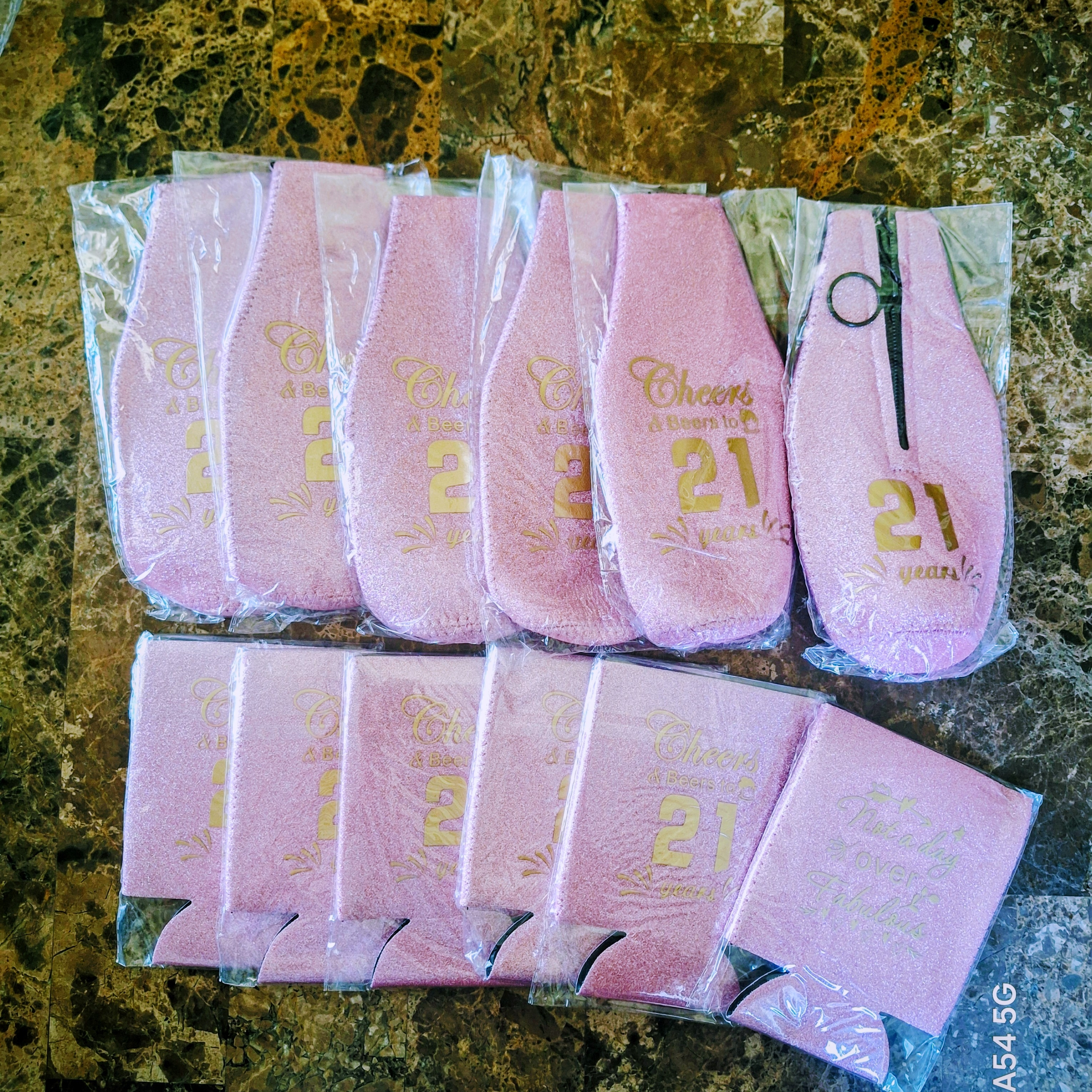 Pink Cheers 21st Birthday Can & Bottle Cozie Sleeves